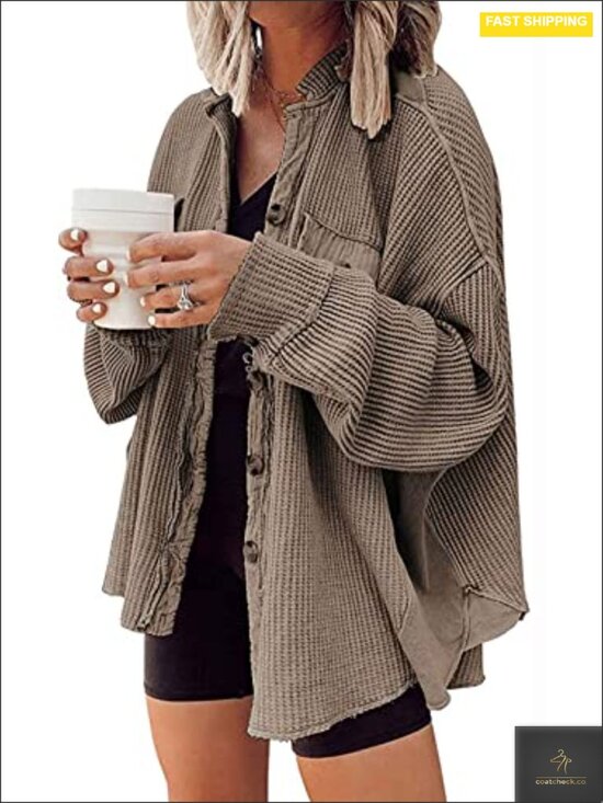 Jackets & Blazers - Oversized Waffle Knit Shacket Long Sleeve Button Down Shirt Jacket for Women